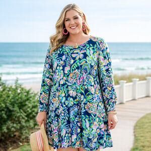 LILLY PULITZER Diann Shirt Dress XL She’s Got Sol Floral Navy Pink Tropical